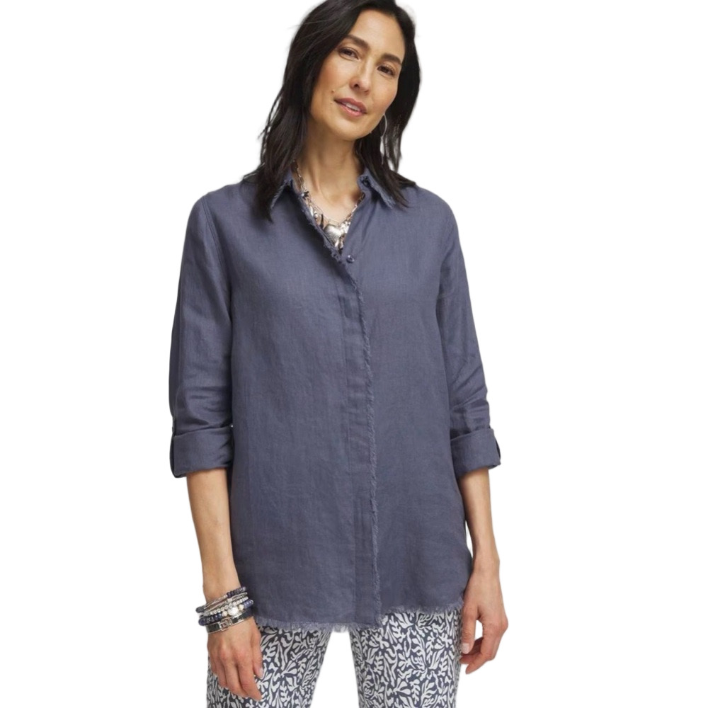 🐣Chico's Classic linen fringe gray Button Down Shirt size 4/us 20 GUC